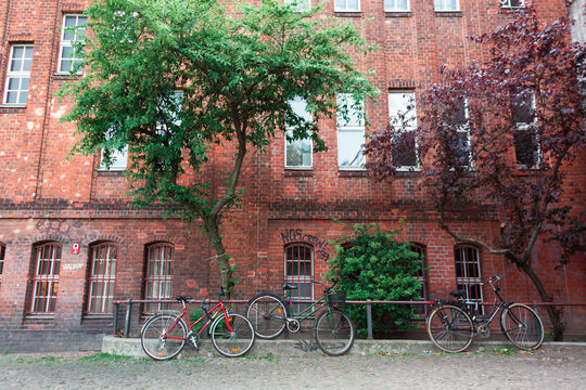 Bicycle parking near the old red brick building