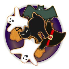 Biscuits in the form of bat, gravestone, witch hats, cat. Biscuits on plate for banner, card, flyer. Halloween. October. Vector illustration on white background