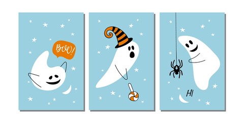 Childish Halloween card set. Three cards with nice good-natured white ghosts. Blue trick or treat backgrounds with stars. Funny Happy Halloween flat cartoon vector Illustration