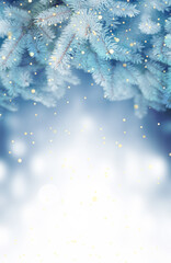 Beautiful blue Christmas tree, snowflakes on snow on winter background. - 460171769