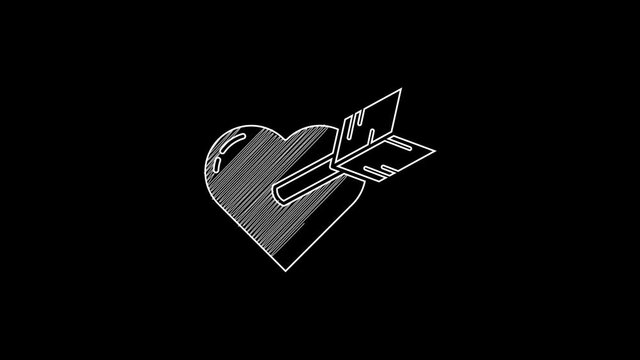 White line Amour symbol with heart and arrow icon isolated on black background. Love sign. Valentines symbol. 4K Video motion graphic animation