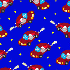 Obraz premium vector pattern Santa Claus flies across the night sky on the moon in a red car among the stars. Merry Christmas