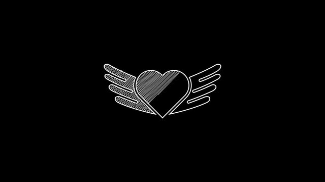 White line Heart with wings icon isolated on black background. Love symbol. Valentines day. 4K Video motion graphic animation