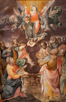 ROME, ITALY - SEPTEMBER 1, 2021: The fresco of Assumption  in the church Santa Maria in Monserrato by  Francesco Nappi (1624 - 1626).