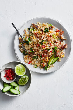 Overhead view of Kao Pad Pla-Kem, salty mackerel fried rice