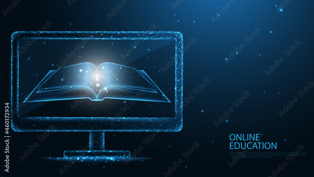 Wall mural online education. book and computer screen line connection. low poly wireframe design. abstract geom