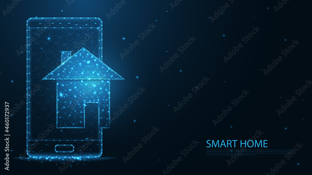Sticker smart home with mobile phone line connection. low poly wireframe design. abstract geometric backgrou