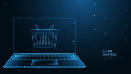 Online shopping. Laptop, shopping cart line connection. Low poly wireframe design. Abstract geometric background. vector illustration. © Rabbit_1990