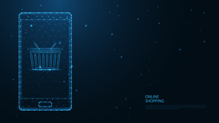 Online shopping. Mobile phone, shopping cart line connection. Low poly wireframe design. Abstract geometric background. vector illustration. © Rabbit_1990
