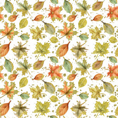 Autumn leaves seamless pattern, Watercolor hand drawn floral pattern, Fall repeated texture, Stylish background, Gold glitter leaves wallpaper on white background, Ideal for wrapping, textile