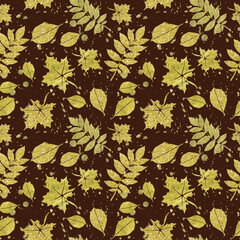 Autumn leaves seamless pattern, Watercolor hand drawn floral pattern, Fall repeated texture, Stylish background, Gold glitter leaves wallpaper on brown background, Ideal for wrapping, textile
