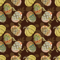 Autumn pumpkins background, Gold glittered pumpkins texture, Plaid traditional pumpkins on brown background, Floral Festive wallpaper, Botanical illustration for textile, background, design, wrapping
