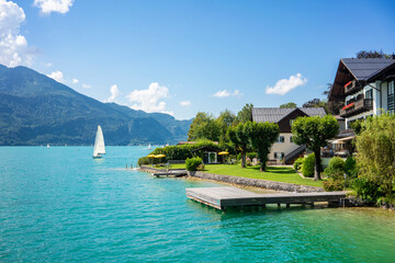 Austria, Houses at Wolfgangsee in summer