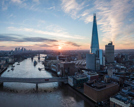 UK, London, Aerial view of Shard building and River Thames at dawn