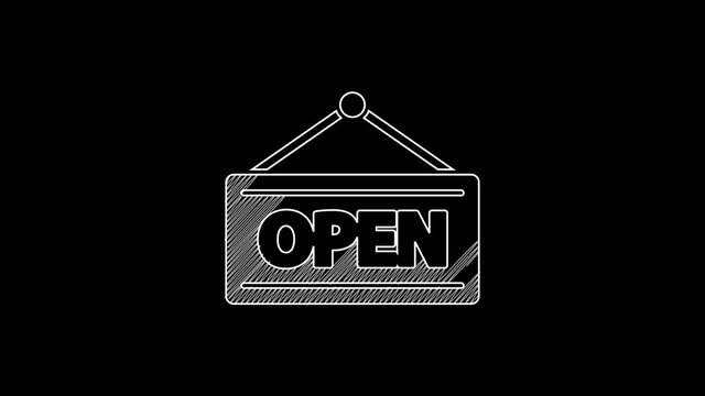 White line Hanging sign with text Open door icon isolated on black background. 4K Video motion graphic animation