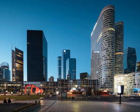 France, Paris, La Defense skyscrapers at night