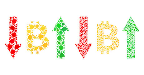 Vector covid-2019 mosaic bitcoin volatility combined for lockdown applications. Mosaic bitcoin volatility is based on icon and it is designed with biological hazard coronavirus pathogen cells.