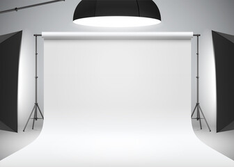 Photo studio white backdrop lit with side and head softboxes. Professional photo shooting setup with studio lights, realistic vector illustration. Studio photography scene mockup.