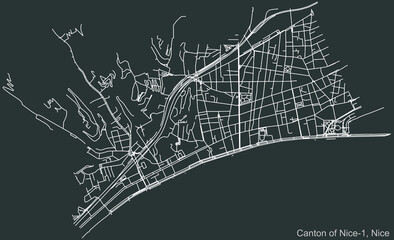Detailed negative navigation urban street roads map on dark gray background of the quarter Canton of Nice-1 district of the French regional capital city of Nice, France