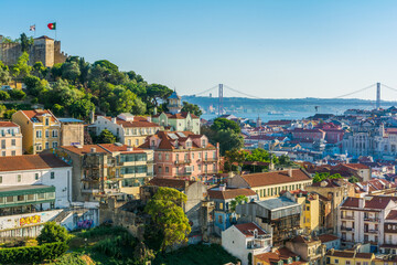 Late afternoon panorama in Lisbon, from the miradouro da graca, Portugal. - obrazy, fototapety, plakaty