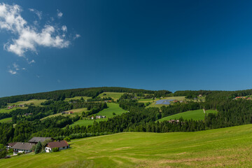 Fototapeta na wymiar Pass near Niederer Schockl hill with green meadows and fences in Austria