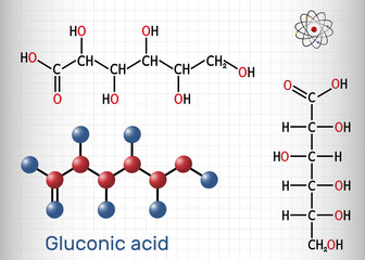 Gluconic acid, C6H12O7 molecule. It is PHA, polyhydroxy acid. The salt are known as gluconate. Structural chemical formula, molecule model. Sheet of paper in a cage