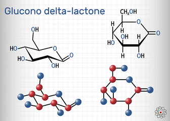 Glucono-delta-lactone, gluconolactone, GDL molecule. It is PHA, polyhydroxy acid, naturally-occurring food additive E575. Structural chemical formula, molecule model. Sheet of paper in a cage