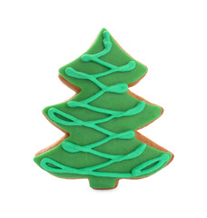 Delicious cookie in shape of Christmas tree isolated on white