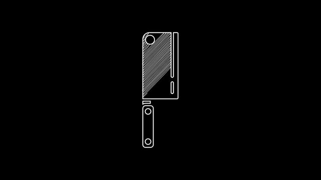 White line Meat chopper icon isolated on black background. Kitchen knife for meat. Butcher knife. 4K Video motion graphic animation