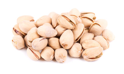 Pistachio nuts, isolated on white background. Salted roasted pistachios.