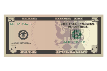 Five dollars without a portrait of Linkoln. 5 us dollars banknote. Template or mock up for a souvenir. Vector illustration isolated on a white background