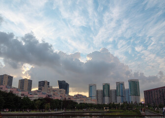 Naklejka premium Panorama of apartment skyscrapers at Khodynskoe field at sunset