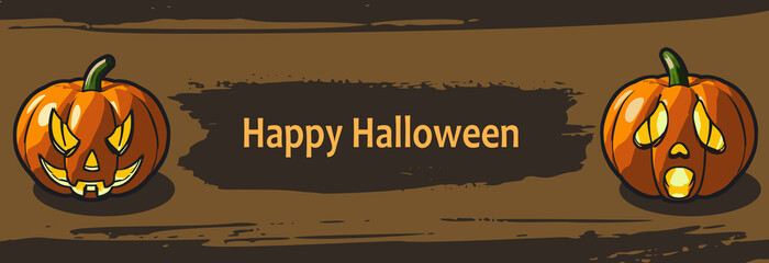 Halloween banner with spooky pumpkin heads and Happy Halloween text. Vector illustration