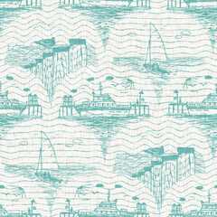 Aegean teal sailboat linen nautical seamless background with wave texture. Summer coastal living style home decor. Marine sailing yacht regatta style. Turquoise blue dyed washed textile pattern.