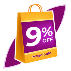 9 percent off. 3D Yellow shopping bag concept in white background.