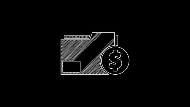 White line Finance document folder icon isolated on black background. Paper bank document with dollar coin for invoice or bill concept. 4K Video motion graphic animation