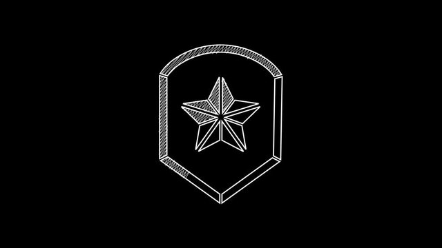 White line Police badge icon isolated on black background. Sheriff badge sign. Shield with star symbol. 4K Video motion graphic animation