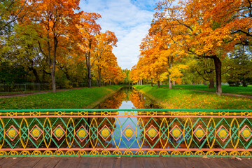 Chinese bridge in autumn in Alexander park, Pushkin (Tsarskoe Selo), Saint Petersburg, Russia