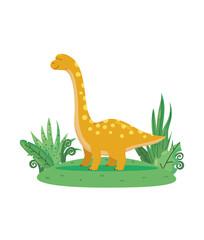 Cute vector diplodocus on the grass isolated on a white background. Colorful cartoon illustration funny dinosaur prehistoric animal of the Jurassic period. 