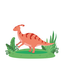Cute vector parasaurolophus on the grass isolated on a white background. Colorful cartoon illustration funny dinosaur prehistoric animal of the Jurassic period. 