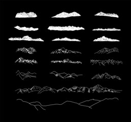 Mountain drawing. Big vector set of sketch, hand drawn snowy mountain peaks set collection. Vector.