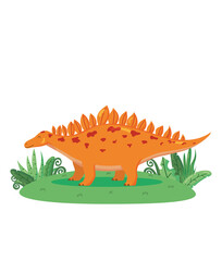 Cute vector stegosaurus on the grass isolated on a white background. Colorful cartoon illustration funny dinosaur prehistoric animal of the Jurassic period. 