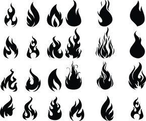 Fire icons set. vector fire symbols, minimalist flame designs, silhouette flames, abstract fire shapes, graphic flame elements, stylized burning icons