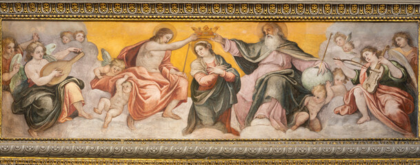 ROME, ITALY - SEPTEMBER 1, 2021: The fresco of Coronation of Virgin Mary in the church Santa Maria in Monserrato by  Giovanni Battista Ricci (1537 - 1627).