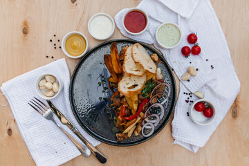 potato salad in a beautiful plate. Place for text. Top view