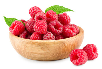 ripe raspberries in wooden bowl isolated on white background. clipping path