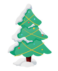 Vector isolated winter illustration of Christmas tree with snow decorated garland and lights.