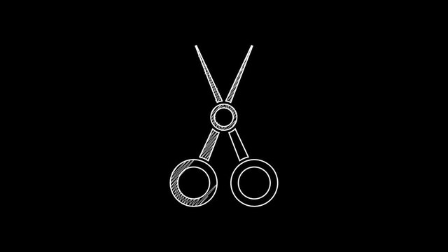 White line Scissors hairdresser icon isolated on black background. Hairdresser, fashion salon and barber sign. Barbershop symbol. 4K Video motion graphic animation