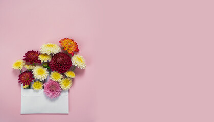 letter envelope with flower bouquet.Valentine's Day decoration.Floral mail. Happy Valentine's Day.Copy space.Greeting card..