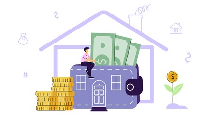 Mortgage Saving to buy home vector illustration concept Planning save cash to buy real estate Property investment House loan Money investment Approved mortgage profile House rental Household expenses